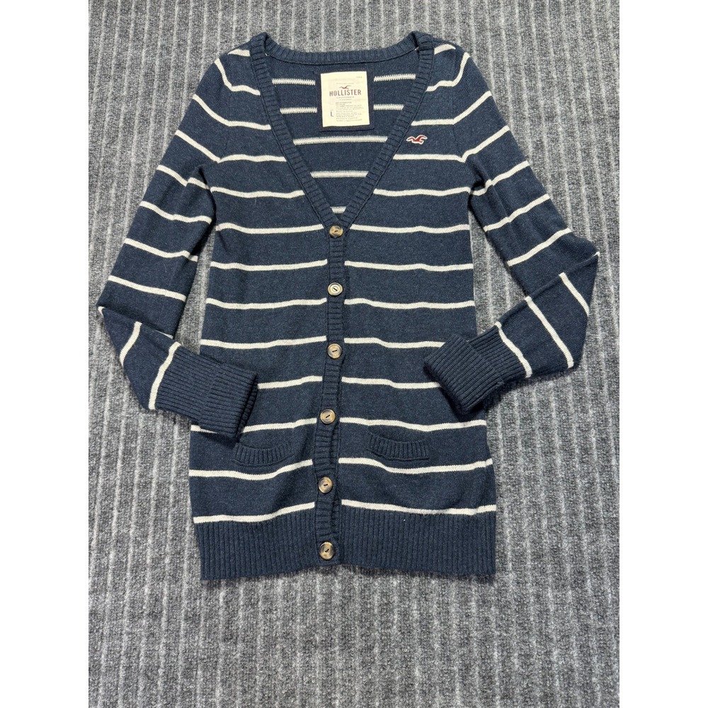 Hollister Y2K Cardigan Womens L Striped V-Neck Cotton Blend Preppy Dark Academia
